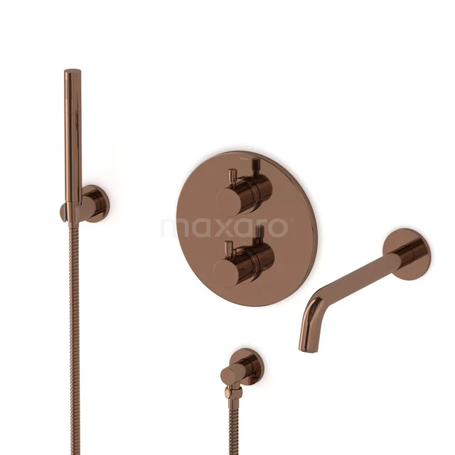 Bronze built-in shower set with round knobs, hand shower, spout and modern thermostat, perfect for stylish bathrooms.