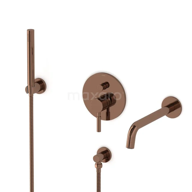 Copper built-in rain shower set with round finish, including hand shower and bath tap, perfect for a luxury bathroom.