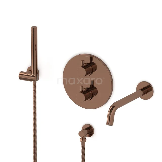 Radius Built-in bath tap set | Shiny Copper Thermostatic tap with hand shower 1 setting CIGKP55-00010 Copper built-in shower tap set with round rain shower and hand shower, modern design for luxury bathroom style.