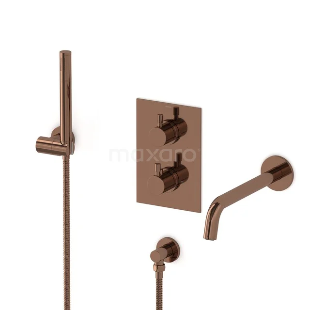 Radius Built-in bath tap set | Shiny Copper Thermostatic tap with hand shower 1 setting CIGKP55-00011 Copper-coloured built-in shower tap set with hand shower, mixer tap and spout; modern design, ideal for luxury bathrooms.