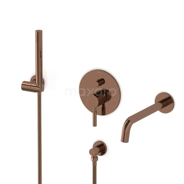 Kupfer Einbau Duschset mit runder Bedienungsknopf, schlanker Handbrause, Wandauslauf und modernem Badezimmerstil.