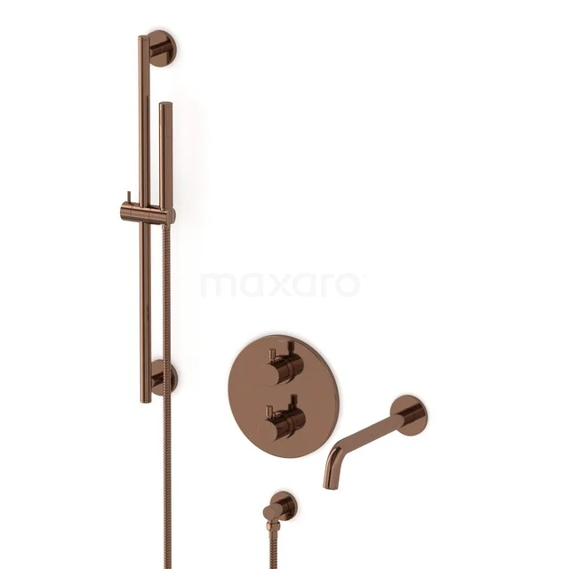 Radius Built-in bath tap set | Shiny Copper Thermostatic tap with hand shower 1 setting CIGKP55-00013 Bronze built-in shower tap with rain shower set, round shapes and sleek finish, perfect for a modern bathroom.