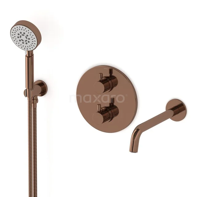 Radius Built-in Bath Tap Set | Shiny Copper Thermostatic Tap with 5-Function Hand Shower CIGKP55-00016 Bronze shower set with round control knobs, minimalist design and hand shower, perfect for a modern bathroom.