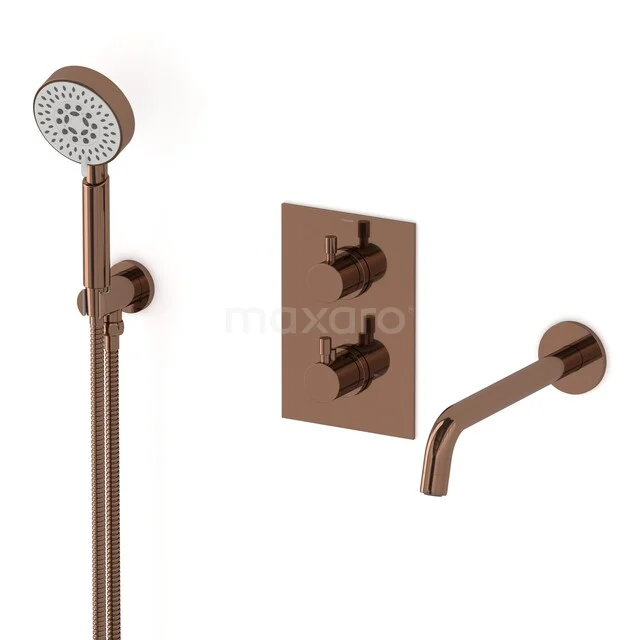 Bronzen inbouw doucheset met ronde handdouche, wandkraan en thermostaat – stijlvol en functioneel voor elke badkamer.
