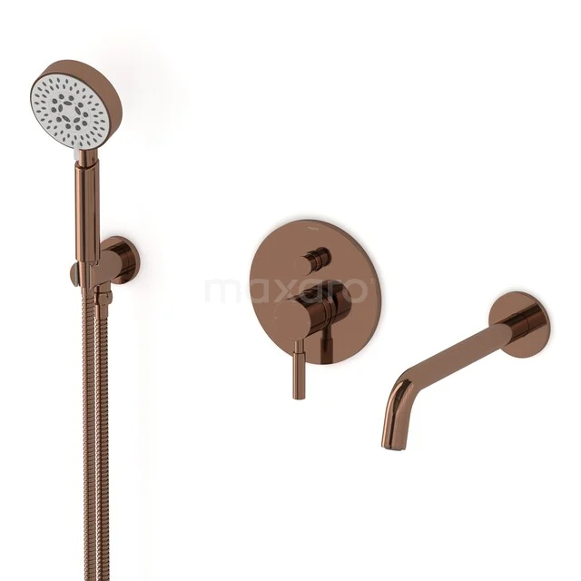Bruine messing badset met regendouche, wandkraan en thermostaat, perfect voor een moderne badkamerstijl.