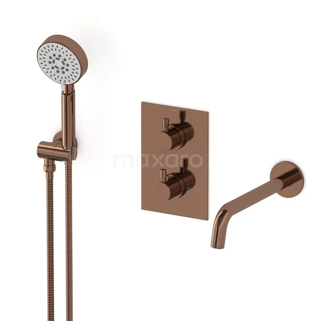 Copper built-in shower set with hand shower, wall outlet and thermostat tap, ideal for a luxury bathroom style.