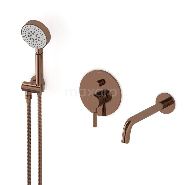 Radius Built-in bath tap set | Shiny Copper Thermostatic tap with 5-function hand shower CIGKP55-00021 Brown brass shower and bath tap with a round shape, modern wall-mounted set for a stylish bathroom appearance.