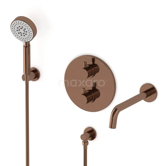 Brown built-in shower tap with round hand shower, wall plate and spout in modern design, ideal for a stylish bathroom.
