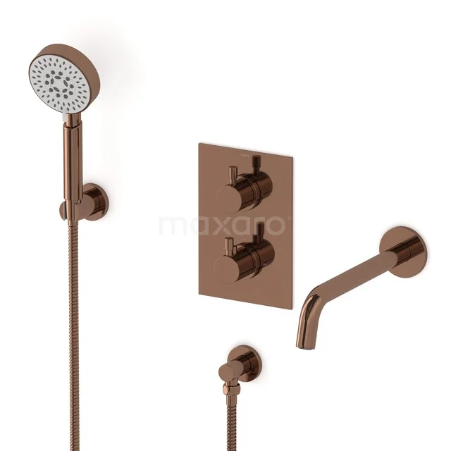 Radius Built-in bath tap set | Shiny Copper Thermostatic tap with 5-function hand shower CIGKP55-00023 Copper built-in rain shower set with hand shower and wall tap, ideal for a modern and luxurious bathroom style.