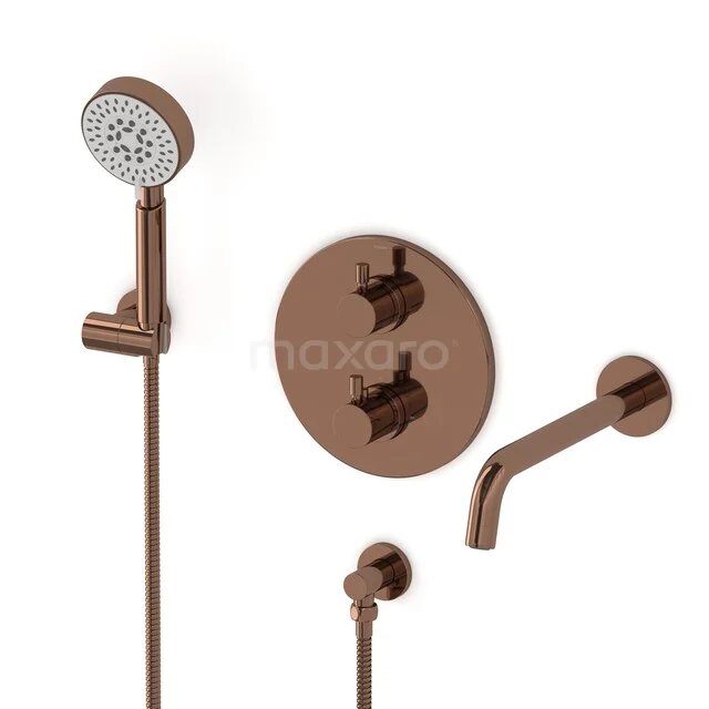 Kupferne Regenduschen mit Handbrause, Wandarmatur und runder Mischbatterie, modernes Design für ein luxuriöses Badezimmer.