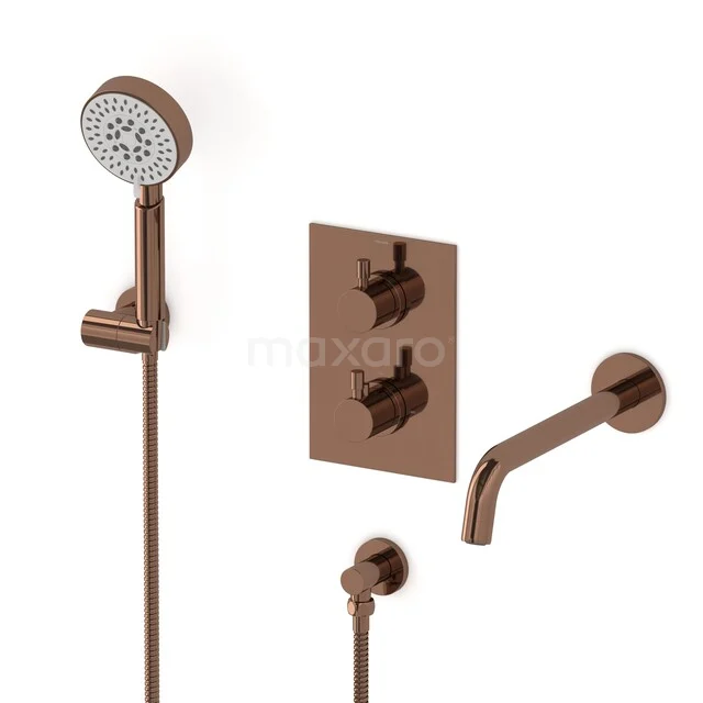 Radius Built-in bath tap set | Shiny Copper Thermostatic tap with 5-function hand shower CIGKP55-00026 Brown built-in shower tap set with thermostat, hand shower and spout, modern design for luxury bathroom decor.
