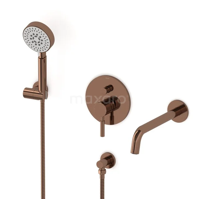 Copper set with hand shower, built-in tap and spout, ideal for a stylish and modern bathroom.