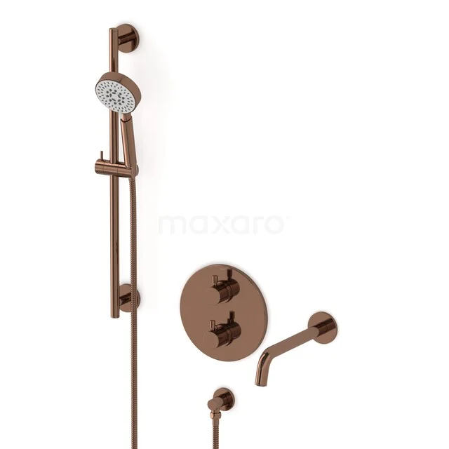 Radius Built-in bath tap set | Shiny Copper Thermostatic tap with 5-function hand shower CIGKP55-00028 Bronze rain shower set with wall holder, round knobs and spout, ideal for a modern bathroom style.