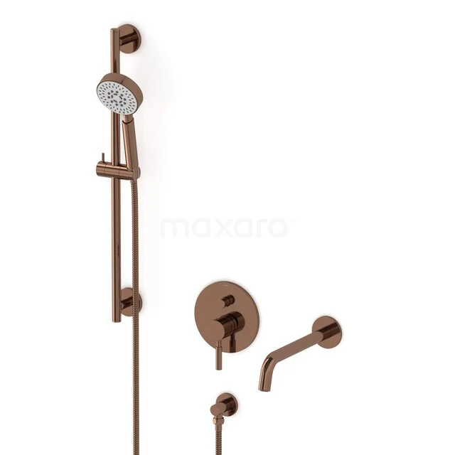 Radius Built-in bath tap set | Shiny Copper Thermostatic tap with 5-function hand shower CIGKP55-00030 Copper-coloured shower set with rain shower, sliding rail, and built-in tap, ideal for a modern bathroom style.