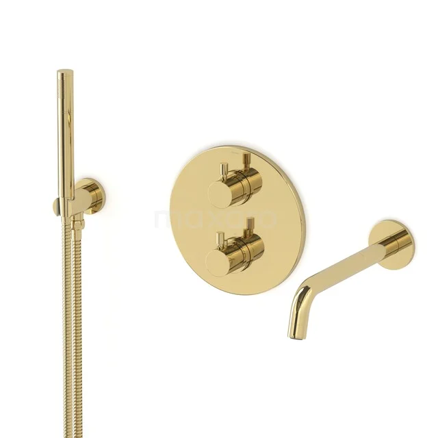 Radius Built-in bath tap set | Shiny Light Gold Thermostatic tap with hand shower 1 setting CIGLG55-00001 Golden built-in rain shower set with round tap, minimalist design and modern look, perfect for a luxury bathroom.