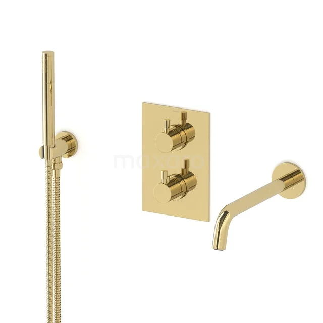 Gold-coloured built-in shower set with a slim hand shower, wall outlet, and control panel for a luxurious bathroom style.