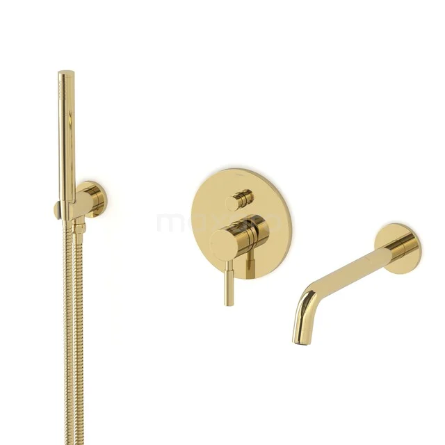 Gold built-in shower set with round finish, consisting of a hand shower, mixer tap, and spout, perfect for luxury bathrooms.