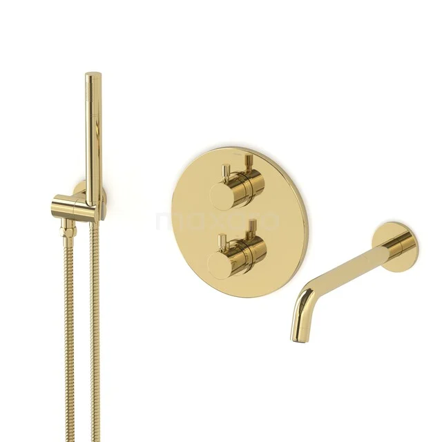 Gold built-in shower set with round mixer tap, hand shower and wall outlet, ideal for a luxury bathroom design.
