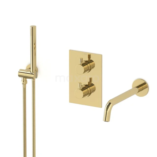 Golden built-in rain shower set with sleek round shapes and wall tap, ideal for a modern bathroom.