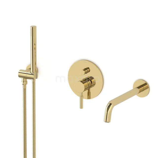 Radius Built-in bath tap set | Shiny Light Gold Single lever mixer tap with hand shower 1 setting CIGLG55-00006 Gold-coloured built-in shower tap set with round shapes, slim hand shower and matching tap spout, ideal for luxury bathrooms.