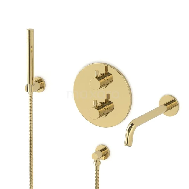 Gold-coloured built-in shower set with a round rose and slim hand shower, ideal for a modern bathroom style.