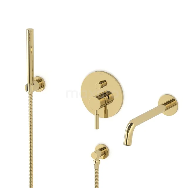 Radius Built-in bath tap set | Shiny Light Gold Single lever mixer tap with hand shower 1 setting CIGLG55-00009 Gold-coloured built-in rain shower set with a round shape, including wall outlet and mixer tap, ideal for a luxury bathroom.