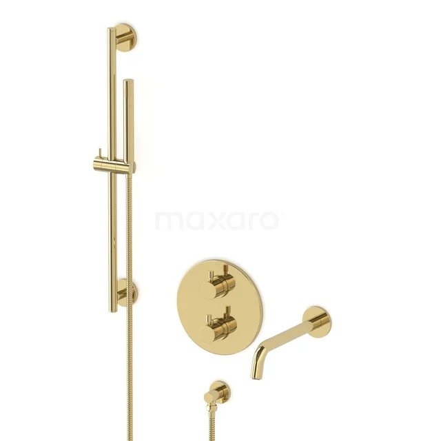Radius Built-in bath tap set | Shiny Light Gold Thermostatic tap with hand shower 1 setting CIGLG55-00013 Messing shower tap with round rosette, rain shower and hand shower in gold colour, modern design for luxury bathrooms.
