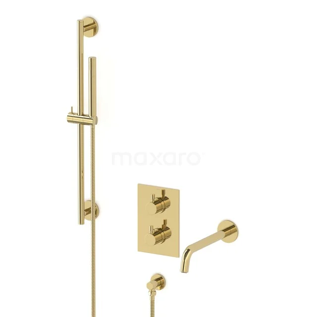 Gold rain shower set with wall-mounted thermostat tap, stylish finish for a luxury bathroom.