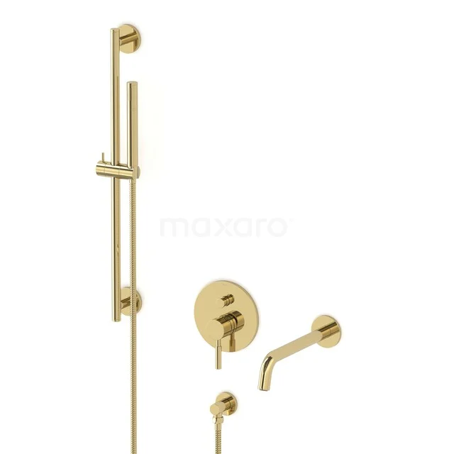 Gold built-in shower set with minimalist design, round shapes and wall-mounted hand shower; perfect addition to any bathroom.
