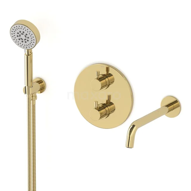 Gold-coloured built-in shower set with round handles and hand shower, ideal as a luxurious addition to any modern bathroom.
