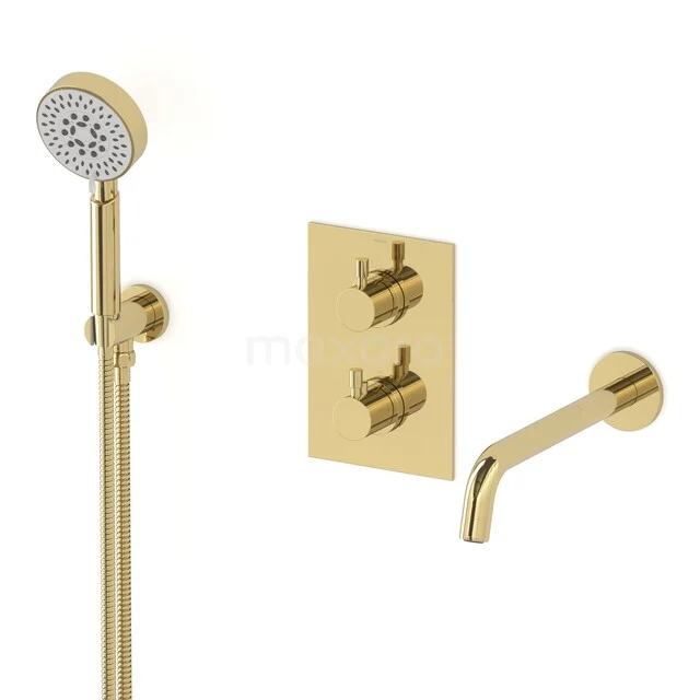 Gouden inbouw douchekraan set met handdouche, ronde wanduitloop en bedieningspaneel, perfect voor een moderne badkamer.
