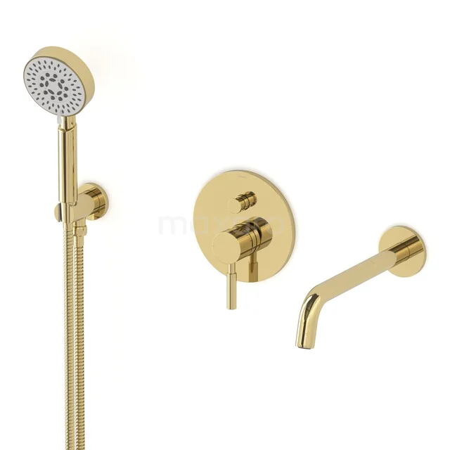 Goudkleurige inbouw badkraan set met ronde vormen, inclusief handdouche, perfect voor een moderne badkamerstijl.
