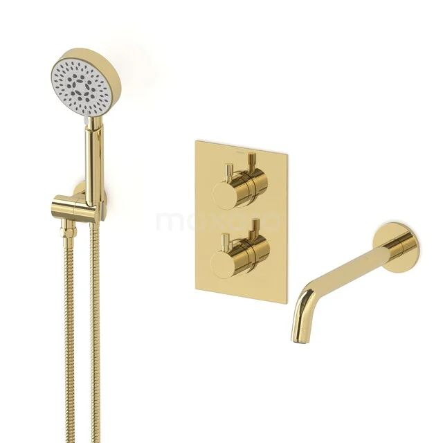 Gold built-in shower tap set with rain shower and wall outlet, luxurious and modern design, perfect for a stylish bathroom.