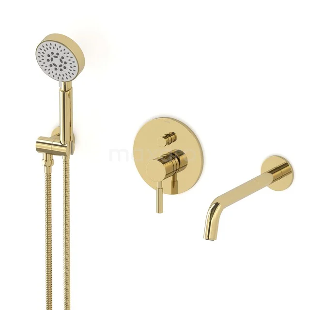 Gold built-in shower and tap set with round shapes, including a handy hand shower and bath tap for luxurious bathroom decor.