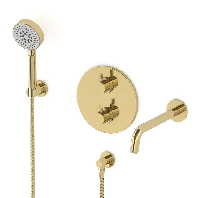 Gold built-in rain shower set with round finish, hand shower and tap, ideal for a luxury bathroom style.