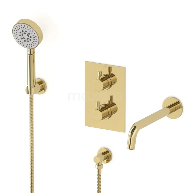 Gold built-in shower tap set with hand shower, spout and thermostat, ideal for luxury bathroom styles.