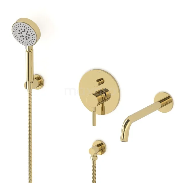 Gold built-in shower tap set with round shapes, hand shower, mixer tap and wall spout, perfect for a stylish bathroom.