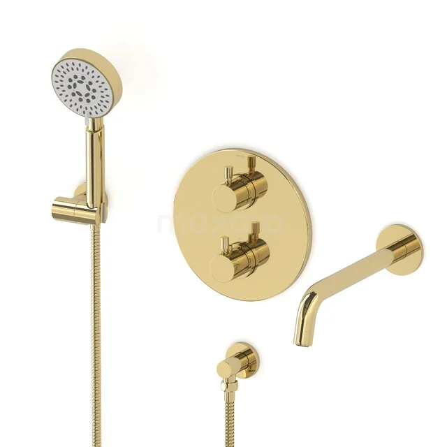 Gold built-in shower and bath tap set with round shapes, including hand shower and tap spout; stylish bathroom accessory.