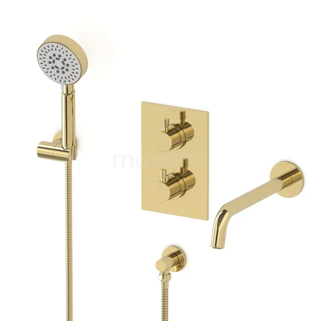 Gold-coloured built-in shower set with hand shower, wall mixer tap and sleek finish, ideal for a modern bathroom.
