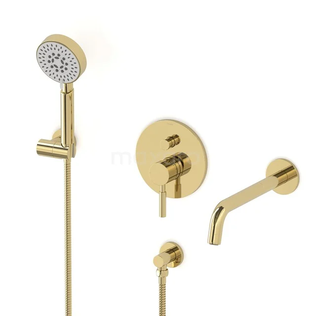 Gold built-in shower and bath tap set with round shapes, including hand shower and water outlet, ideal for modern bathrooms.