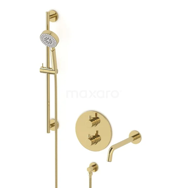 Gold-coloured shower tap set with a glossy finish, round handles and hand shower; ideal for a stylish bathroom.