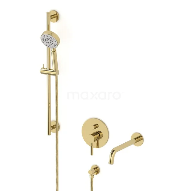 Golden shower set with wall mounting, thermostatic valve and hand shower, ideal for a modern bathroom.