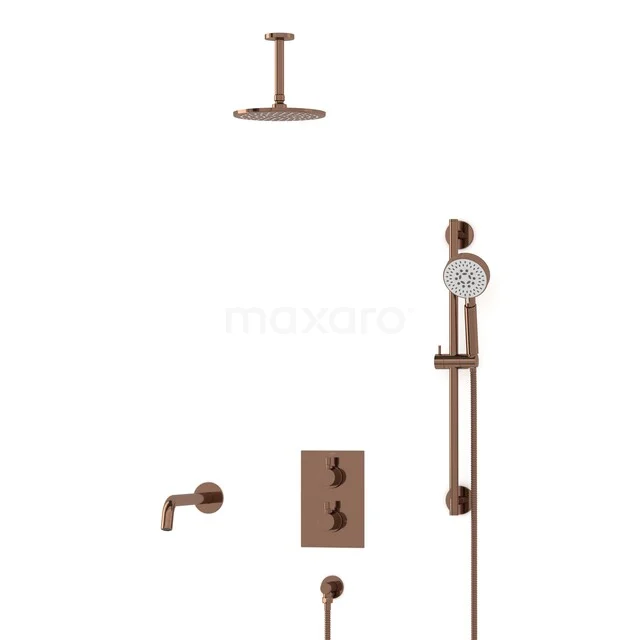 Radius Built-in Bath Tap with Rain Shower | Shiny Copper Thermostatic DIGKP55-00091 Bronze rain shower set with thermostatic valve, hand shower, wall holder and designer appearance; a luxurious addition to the bathroom.