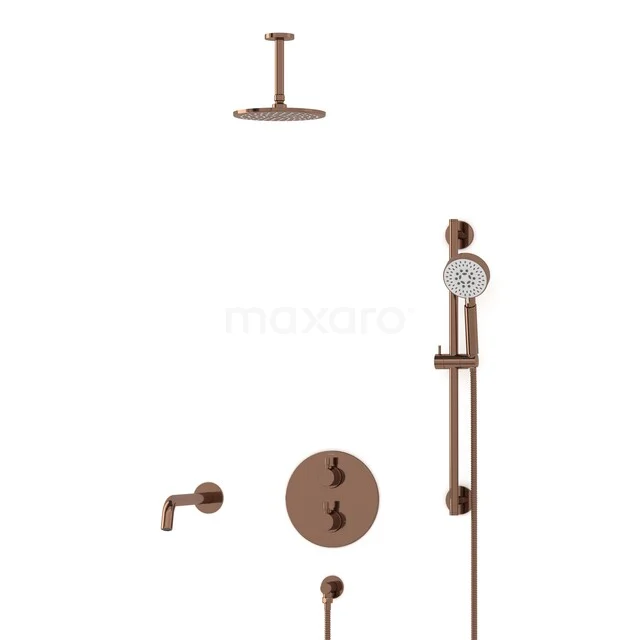 Radius Built-in Bath Tap with Rain Shower | Shiny Copper Thermostatic DIGKP55-00092 Bronze rain shower set with round head, thermostat and hand shower, perfect for a stylish bathroom decor.