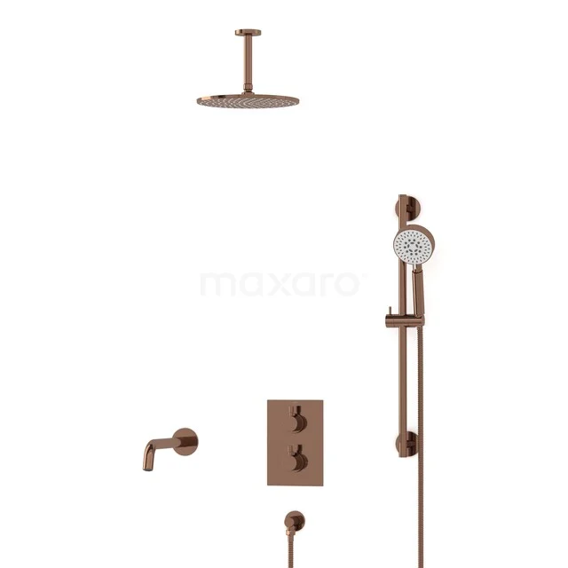 Radius Built-in Bath Tap with Rain Shower | Shiny Copper Thermostatic DIGKP55-00093 Brushed copper shower set with overhead shower, hand shower, and thermostatic valve, stylish for a modern bathroom.