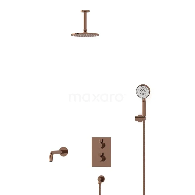 Rose gold shower set with rain shower, handheld shower, built-in tap and wall arm, ideal for a luxury bathroom style.