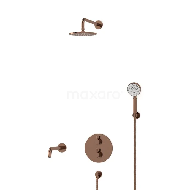 Radius Built-in Bath Tap with Rain Shower | Shiny Copper Thermostatic DIGKP55-00110 Copper rain shower set with round rain shower and hand shower, wall-mounted, modern design for the bathroom.