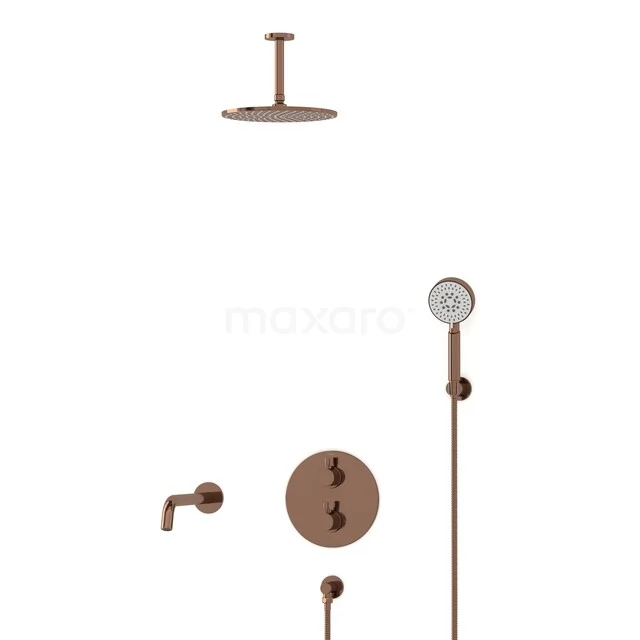 Copper rain shower set with hand shower and thermostatic valve, ideal for a stylish and modern bathroom.