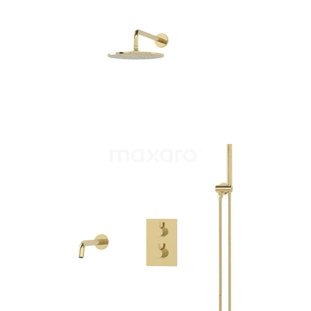 Goldfarbene Regenduschen mit Thermostatarmatur, Handbrause und runder Kopf, perfekt für ein luxuriöses Badezimmer.