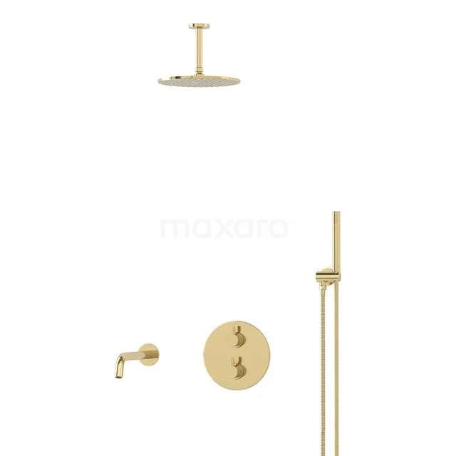 Gold-coloured built-in rain shower set with round overhead shower, thermostat valve, and hand shower, ideal for modern bathroom design.